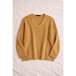 Jenni Kayne Golden Chunky‎ Ribbed Knit V Neck Sweater Size M Cozy Minimalist